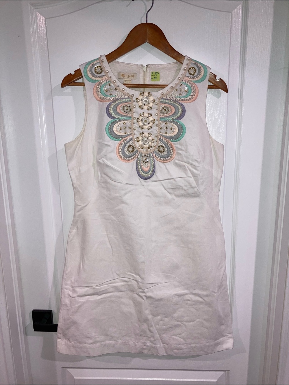 Monsoon White Ivory Cotton Beaded & Embroidered Sleeveless Dress - size 10